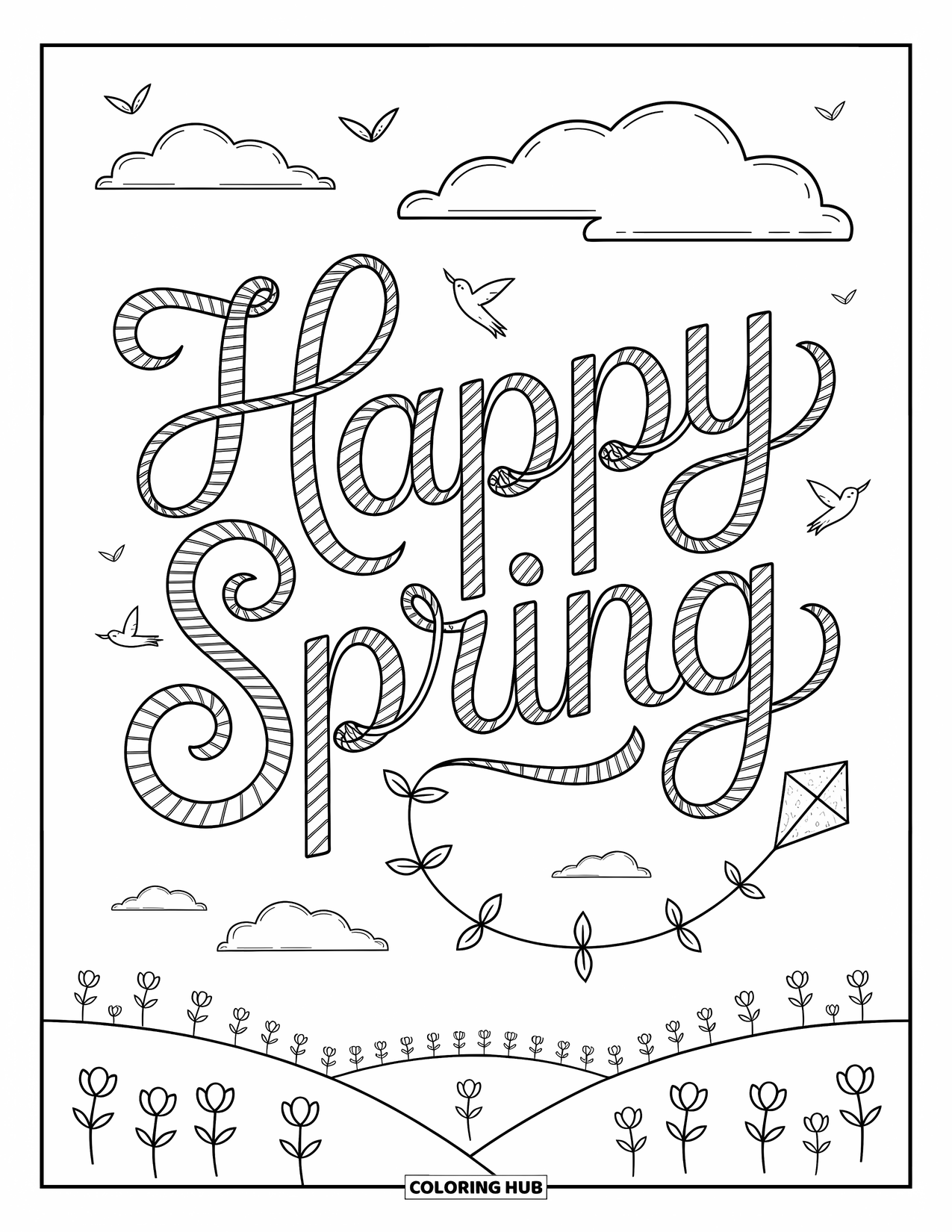 Happy Spring Coloring Page for Adults: "Happy Spring" script floating among clouds, birds, and a dancing kite