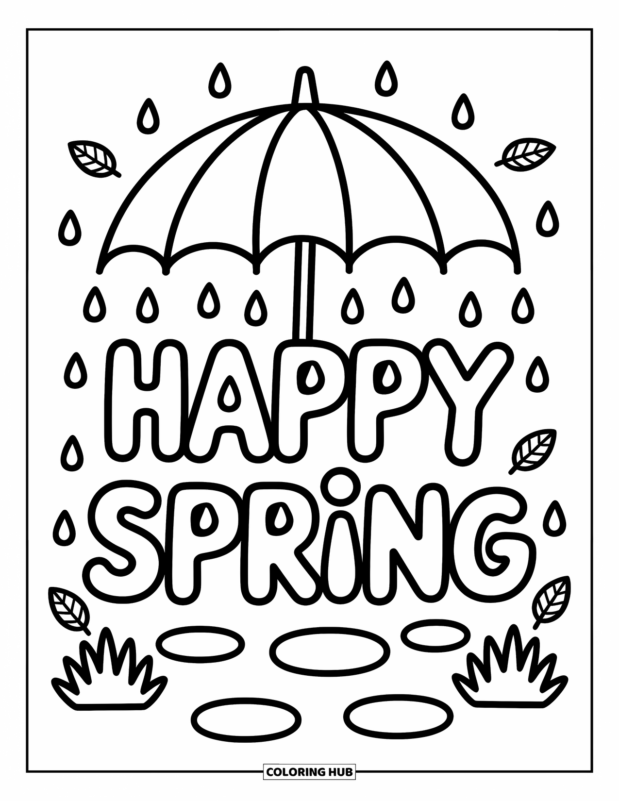 Happy Spring Coloring Page for Adults: "Happy Spring" under a big umbrella with puddles and fluttering leaves