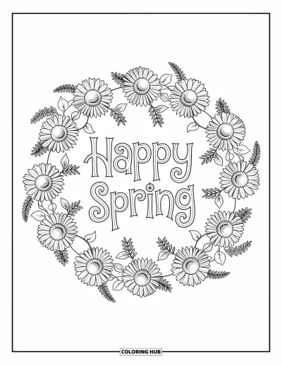 Boldog tavaszt kifestő felnőtteknek: "Happy Spring" madarakkal és páfrányokkal virágos mandalamintában