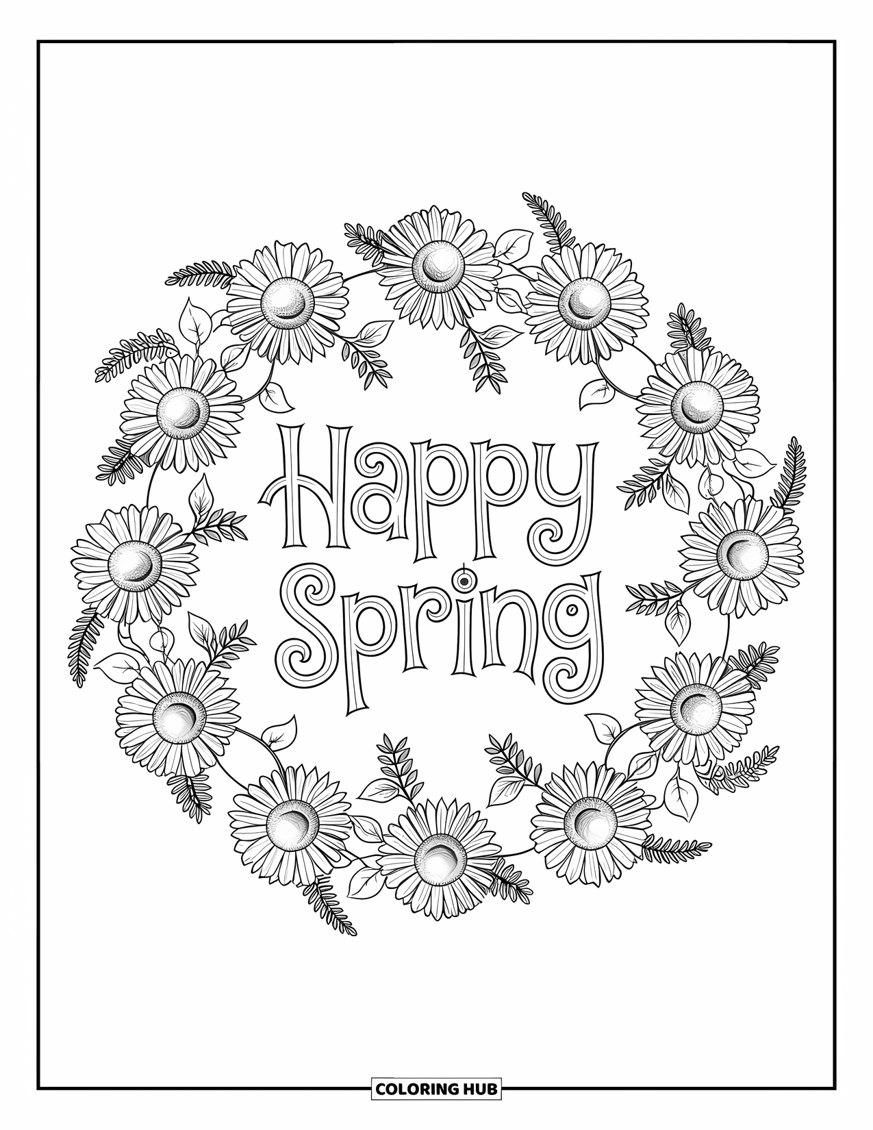 Happy Spring Coloring Page for Adults: "Happy Spring" with birds and ferns in a floral mandala pattern