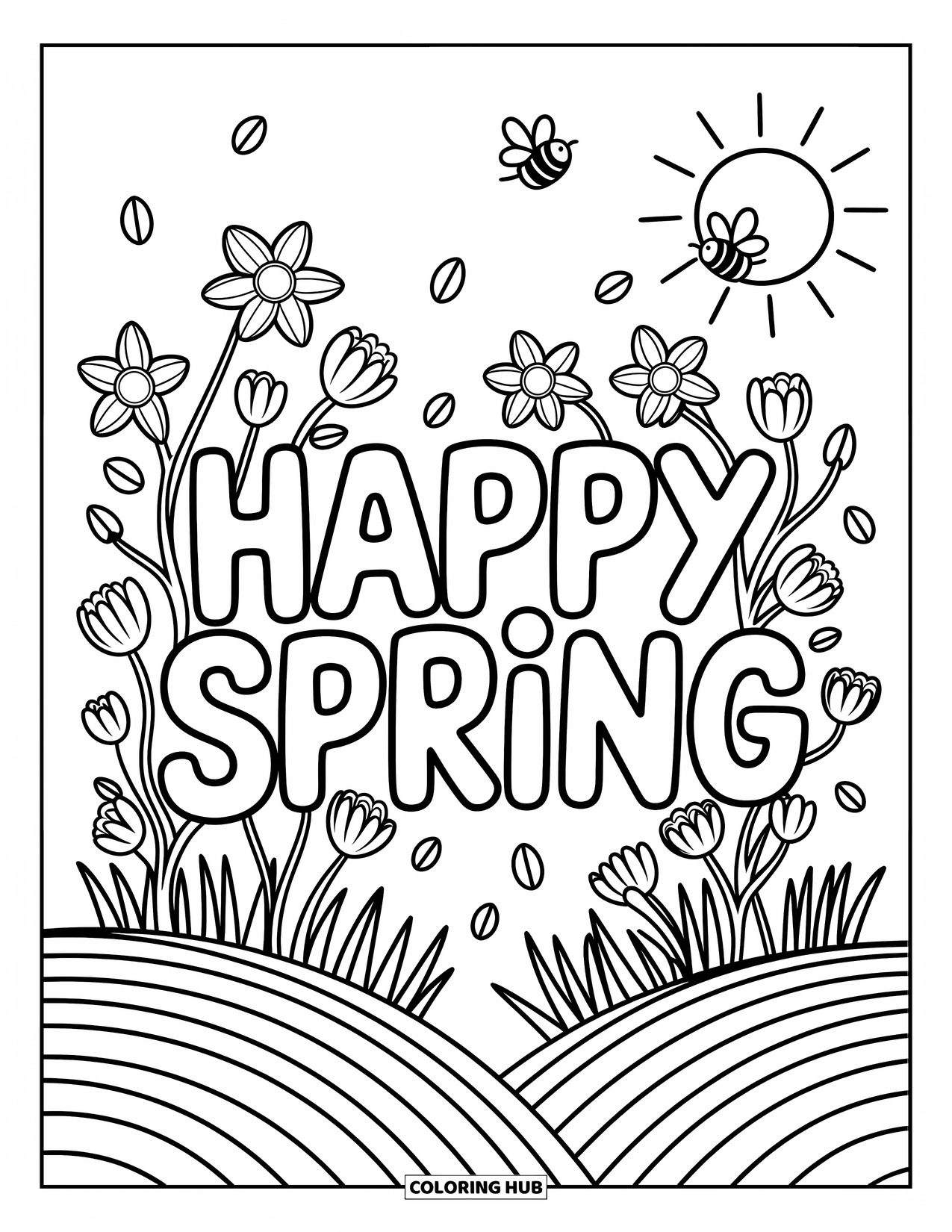 Happy Spring Coloring Page for Adults: "Happy Spring" with vines, blossoms, and buzzing bees in soft sunlight