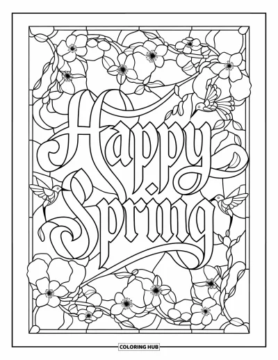 Boldog tavaszt kifestő felnőtteknek: "Happy Spring" kalligráfiával írva virágos üvegablak előtt