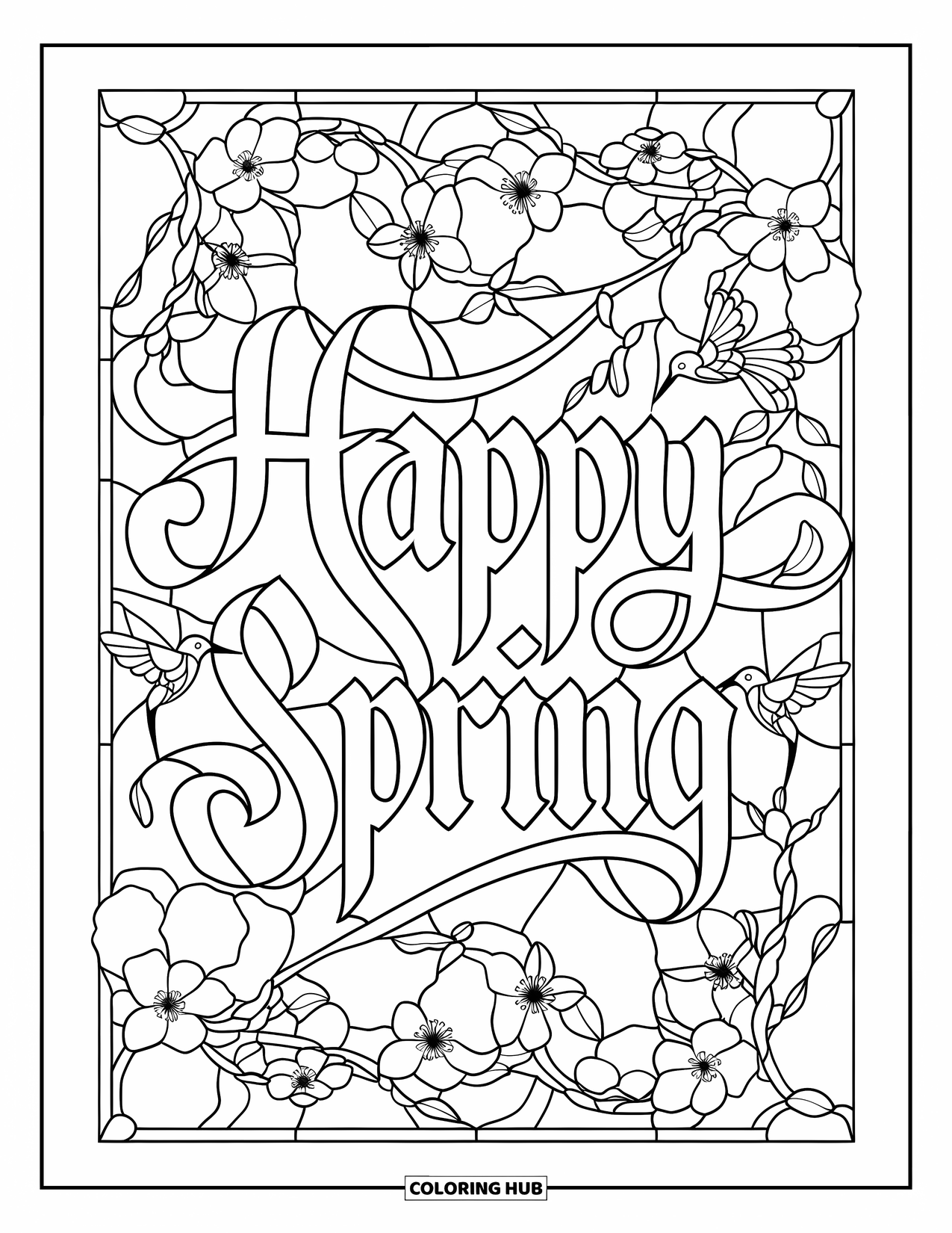 Happy Spring Coloring Page for Adults: "Happy Spring" written in calligraphy before a floral glass window
