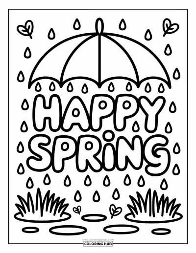 Boldog tavaszt kifestő felnőtteknek: Esőcseppes "Happy Spring" esernyő alatt tavaszi záporban