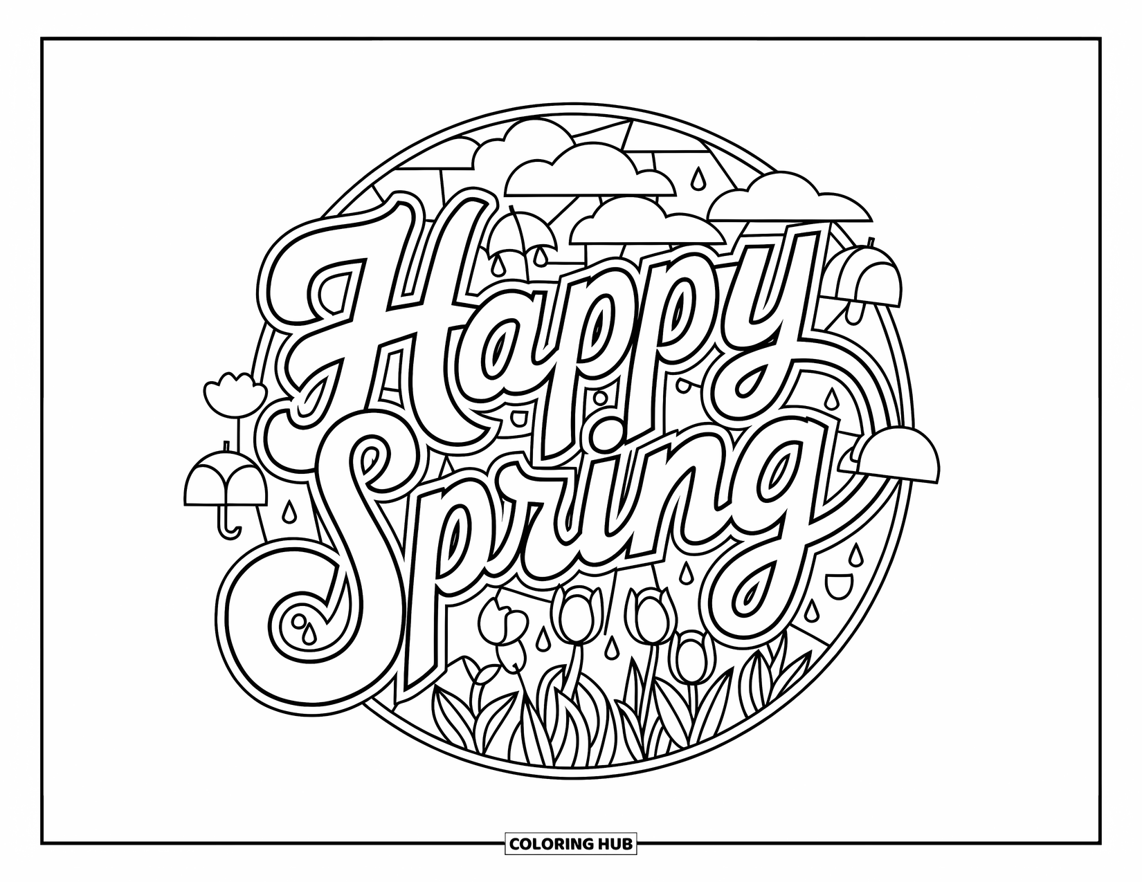 Happy Spring Coloring Page for Adults: Romantic "Happy Spring" script over a mosaic of flowers and clouds