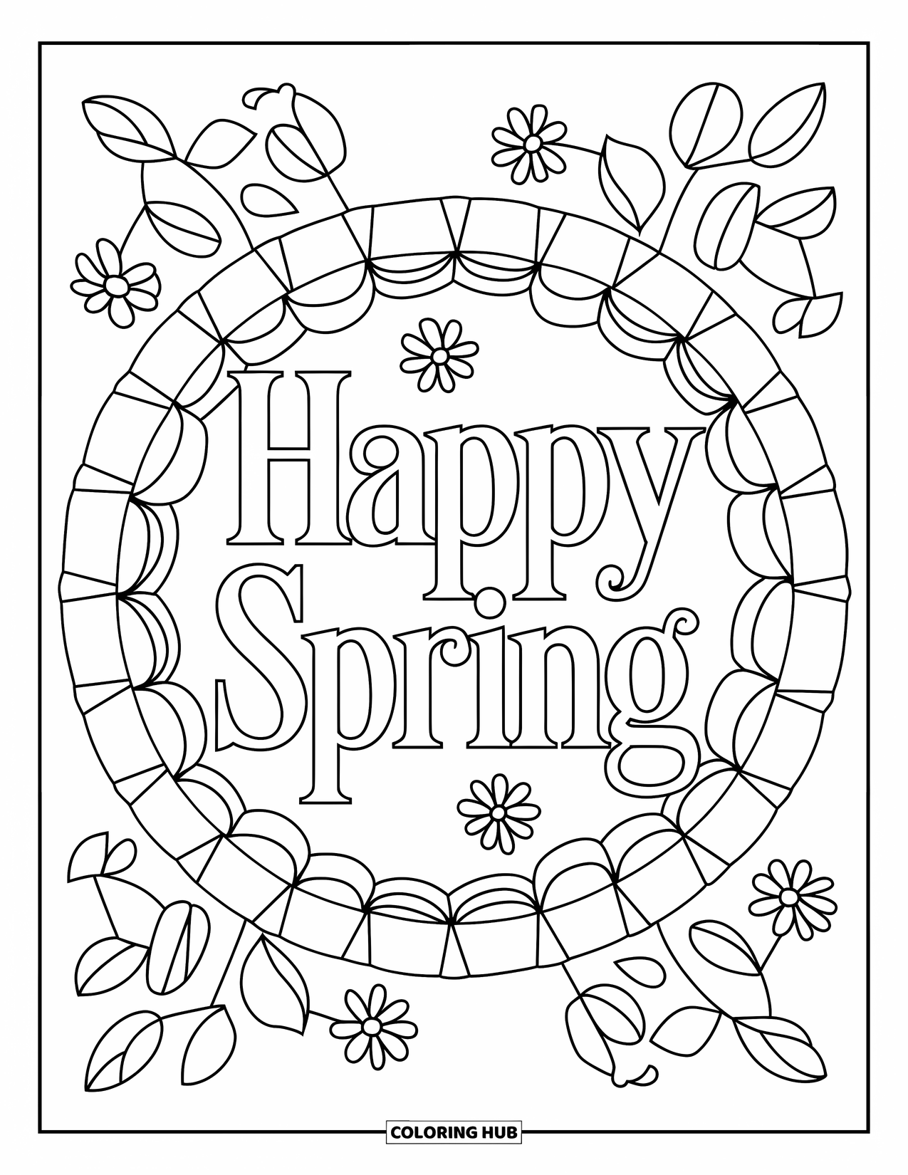 Happy Spring Coloring Page for Adults: Serif "Happy Spring" framed by floral glass panels and small blooms