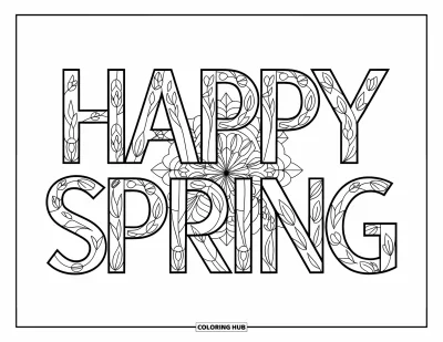 Boldog tavaszt kifestő felnőtteknek: Talpas "Happy Spring" betűk szirmokkal töltve, pillangós mandala keretben