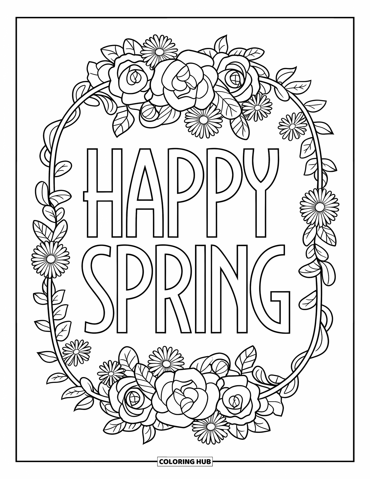 Happy Spring Coloring Page for Adults: Tall vintage "Happy Spring" framed by ivy, roses, and floral curls