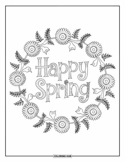 Boldog tavaszt kifestő felnőtteknek: Játékos "Happy Spring" napraforgós és madaras mandala keretben