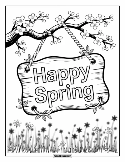 Boldog tavaszt kifestő felnőtteknek: Fatábla "Happy Spring" felirattal apró virágokkal és lágy fénnyel