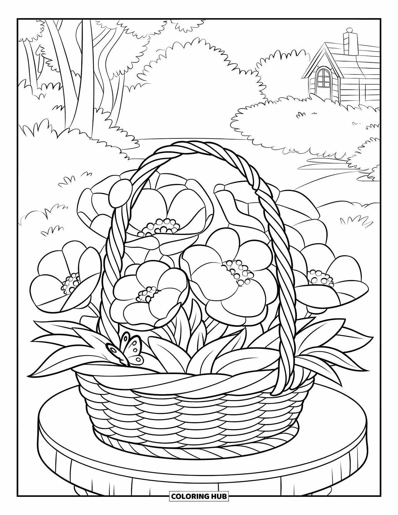 Happy Spring Coloring Page for Kids: A basket of flowers sits on a table with a butterfly nearby