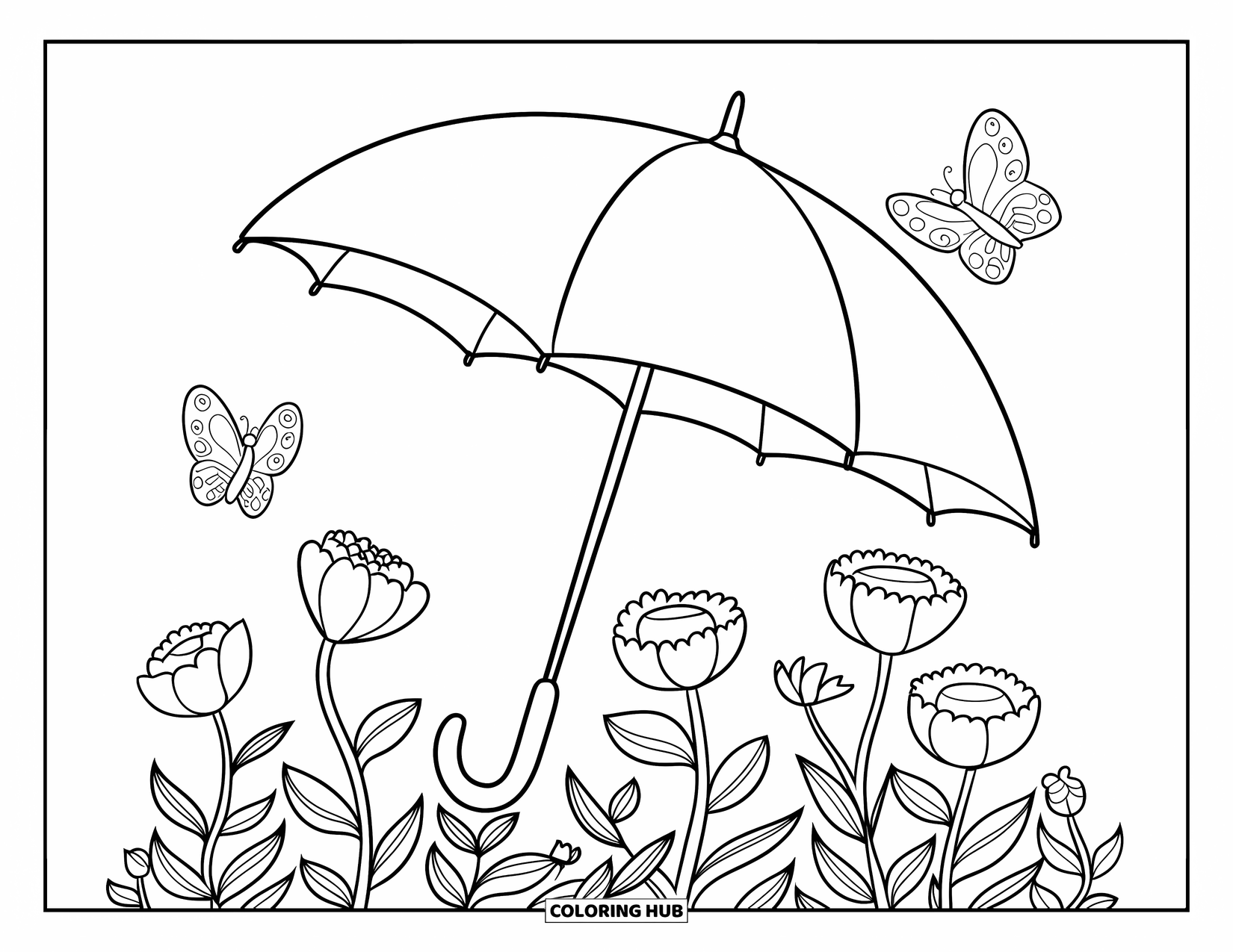 Happy Spring Coloring Page for Kids: A big umbrella stands over flowers with two butterflies nearby