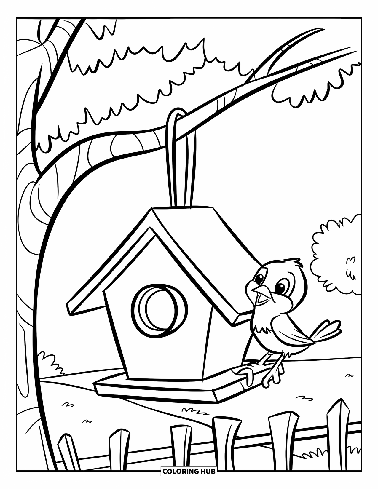 Happy Spring Coloring Page for Kids: A birdhouse hanging from a branch with a happy bird nearby