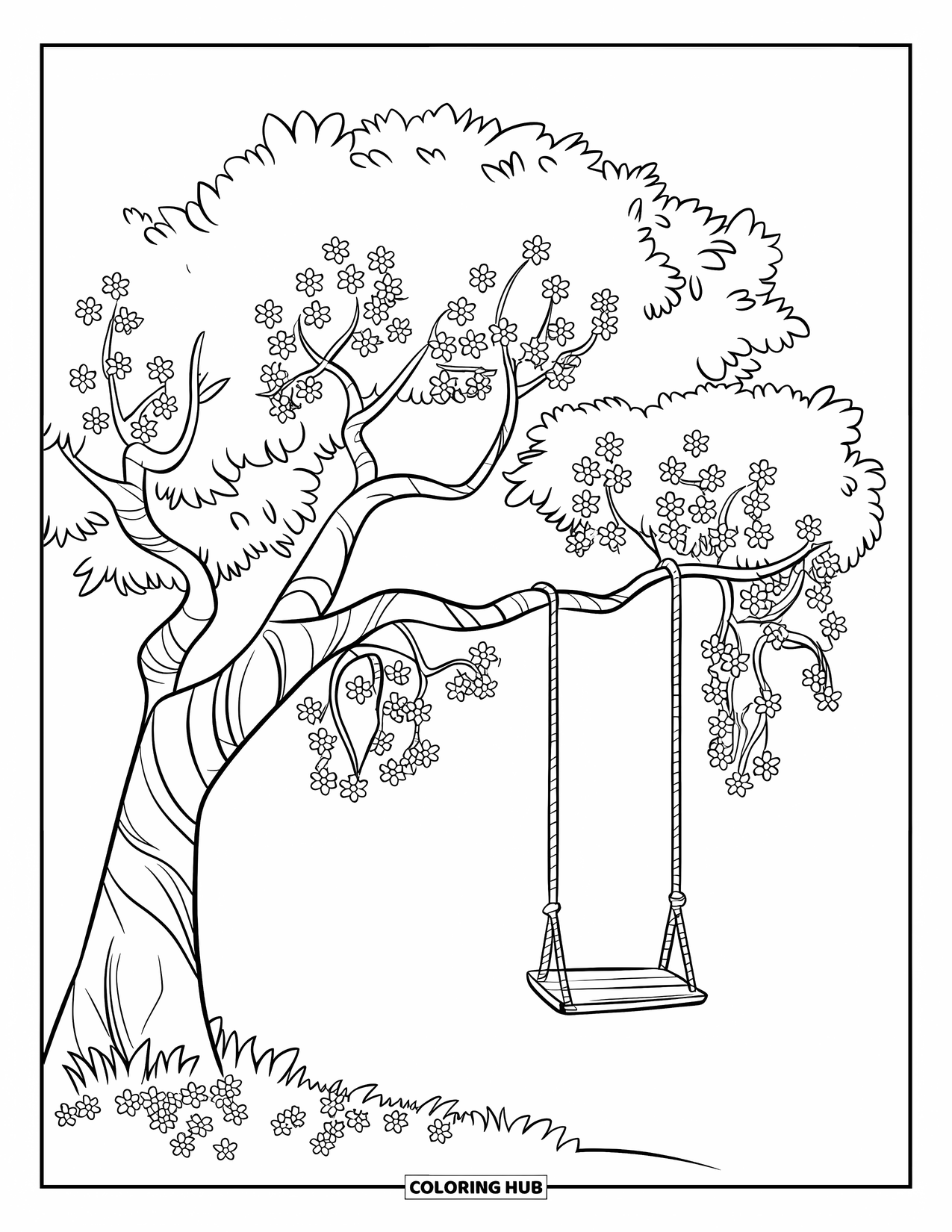 Happy Spring Coloring Page for Kids: A blooming tree with a swing swaying from one branch