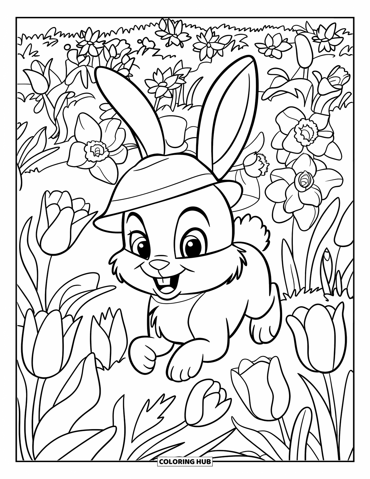 Happy Spring Coloring Page for Kids: A bunny hopping through a field of tulips and daffodils