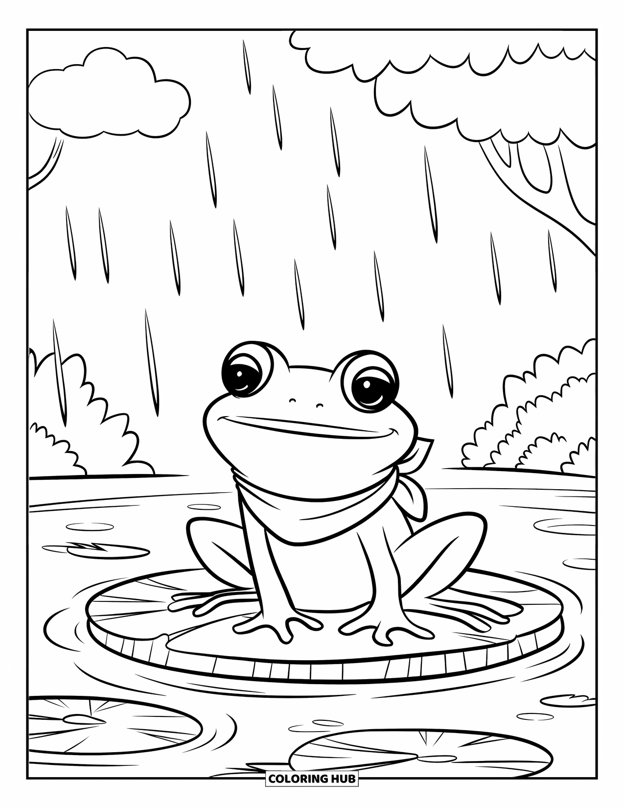 Happy Spring Coloring Page for Kids: A cheerful frog rests on a lily pad in the gentle rain