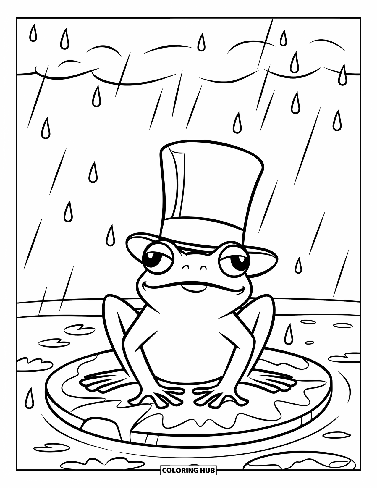 Happy Spring Coloring Page for Kids: A frog on a lily pad under soft spring rain and clouds