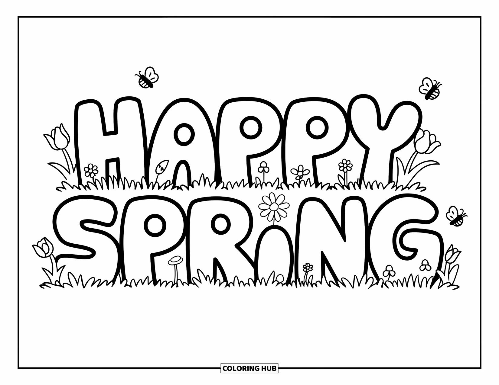 Happy Spring Coloring Page for Kids: A grassy field spelling "Happy Spring" with flowers, bees, and butterflies