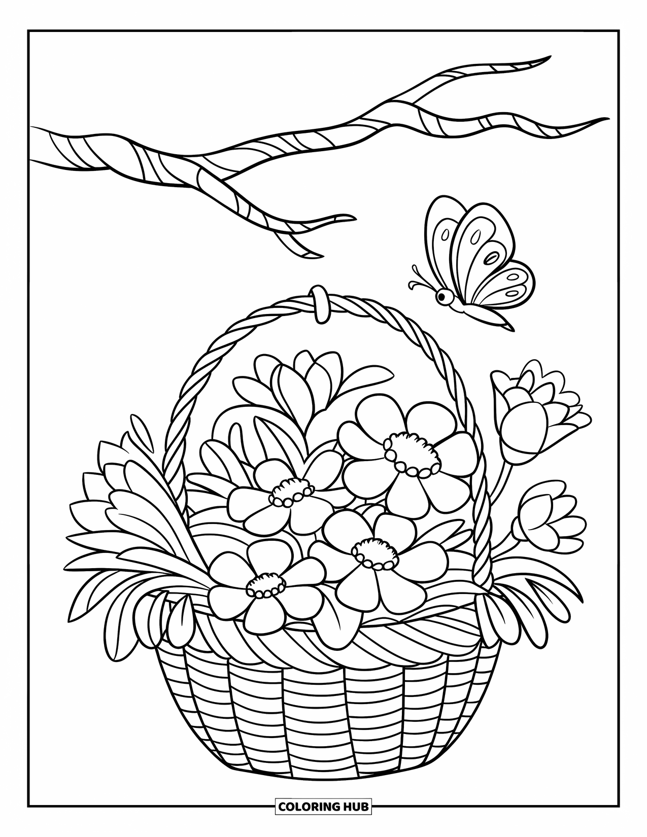 Happy Spring Coloring Page for Kids: A hanging basket of flowers with a butterfly fluttering close