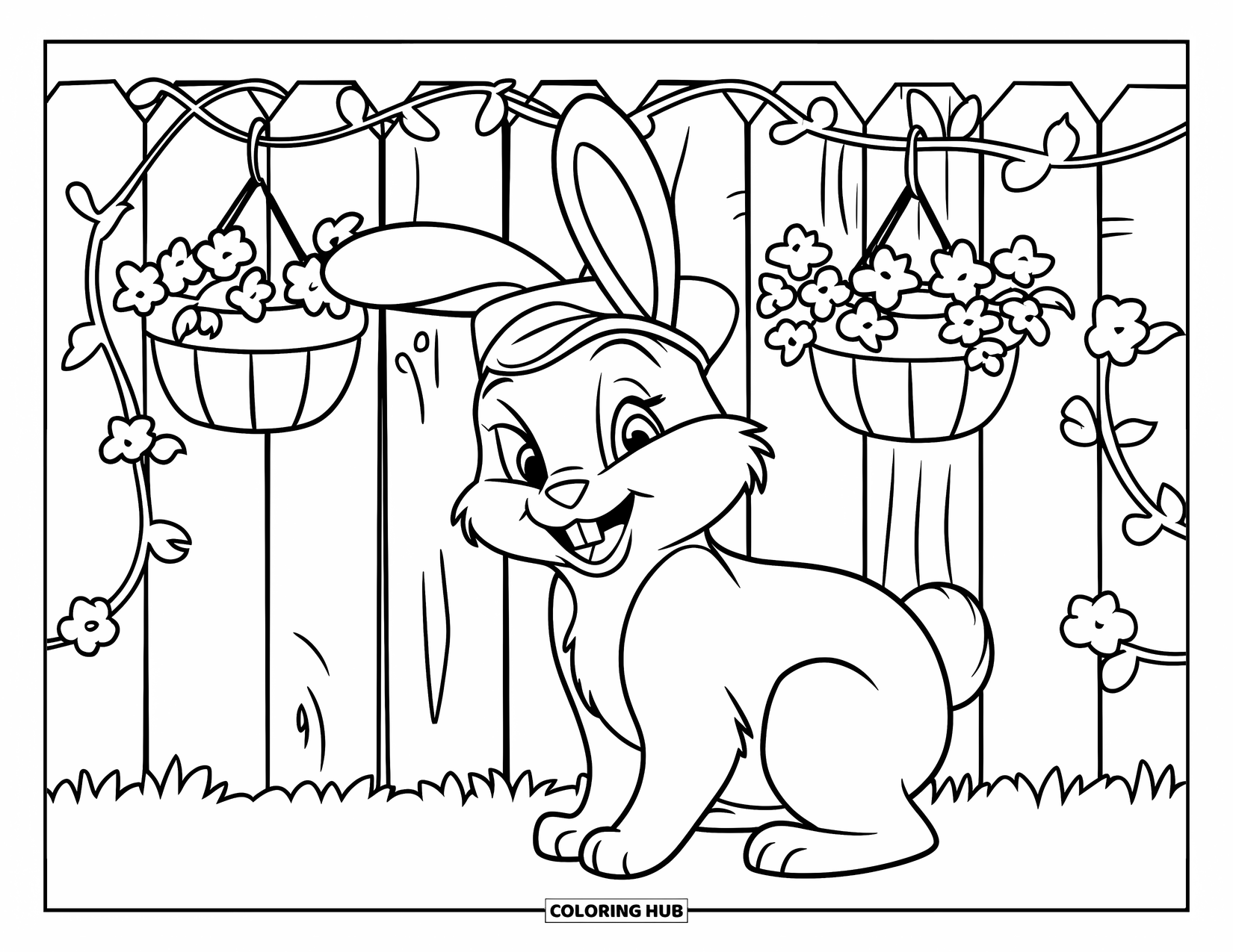 Happy Spring Coloring Page for Kids: A happy bunny by a wooden fence with vines and flowers