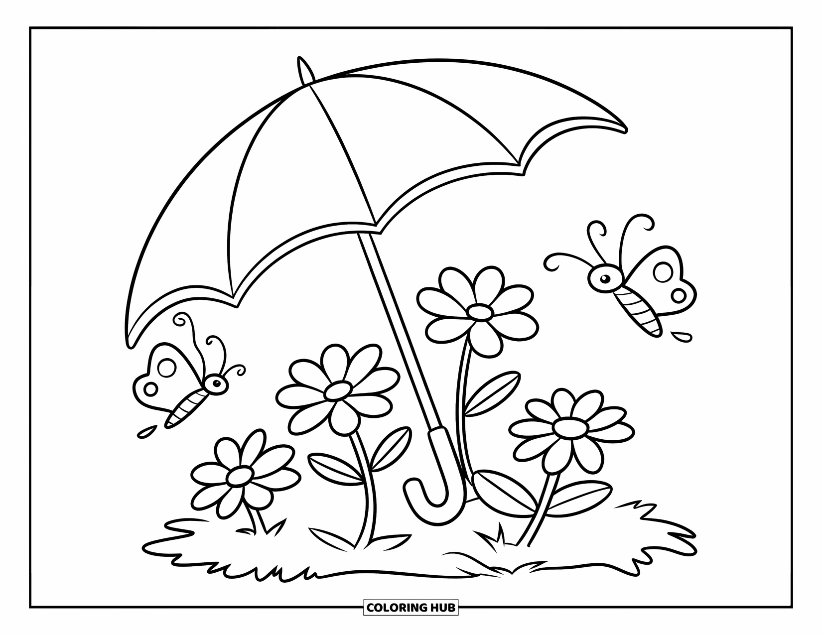 Happy Spring Coloring Page for Kids: A large umbrella shading flowers with butterflies flying nearby