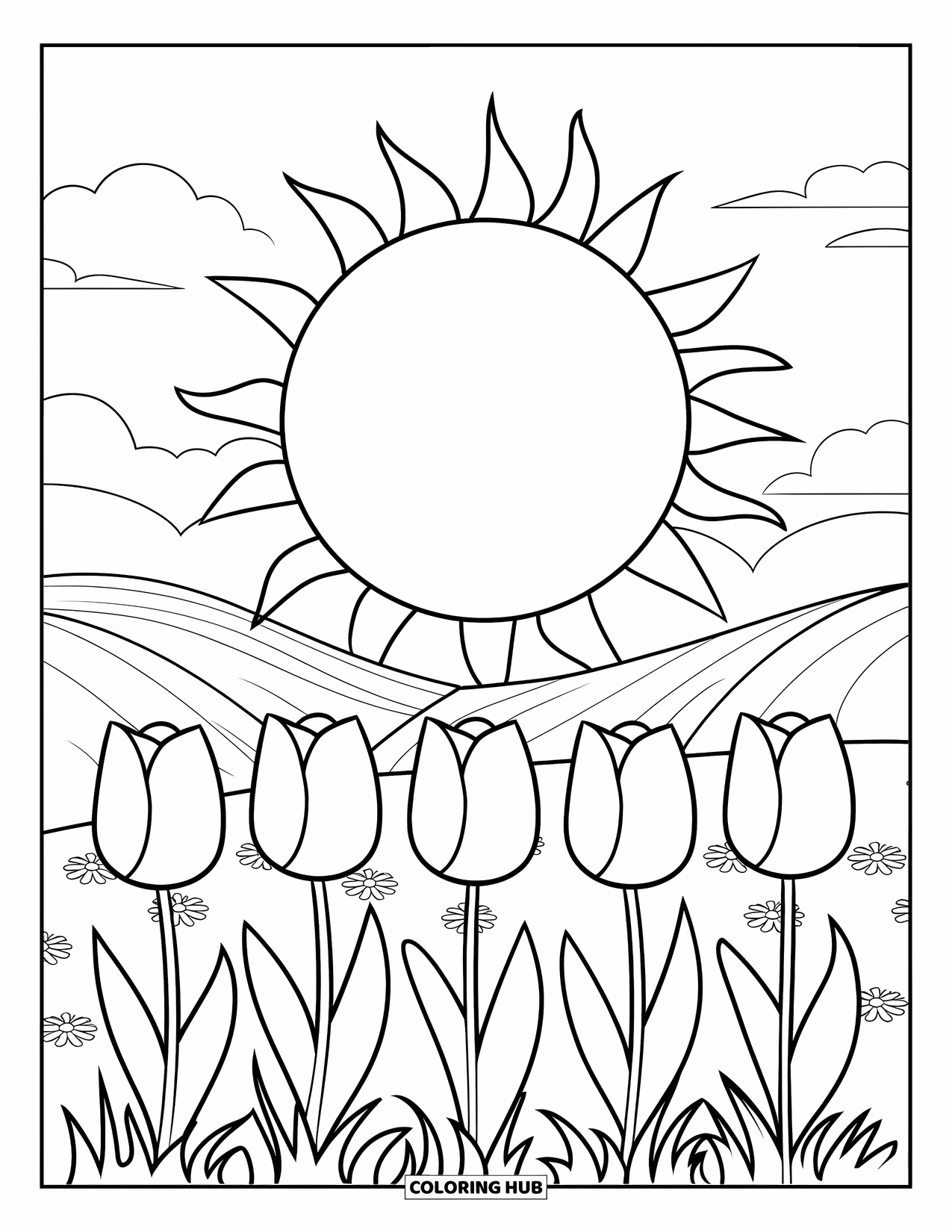 Happy Spring Coloring Page for Kids: A smiling sun shines on tulips and daisies in spring grass