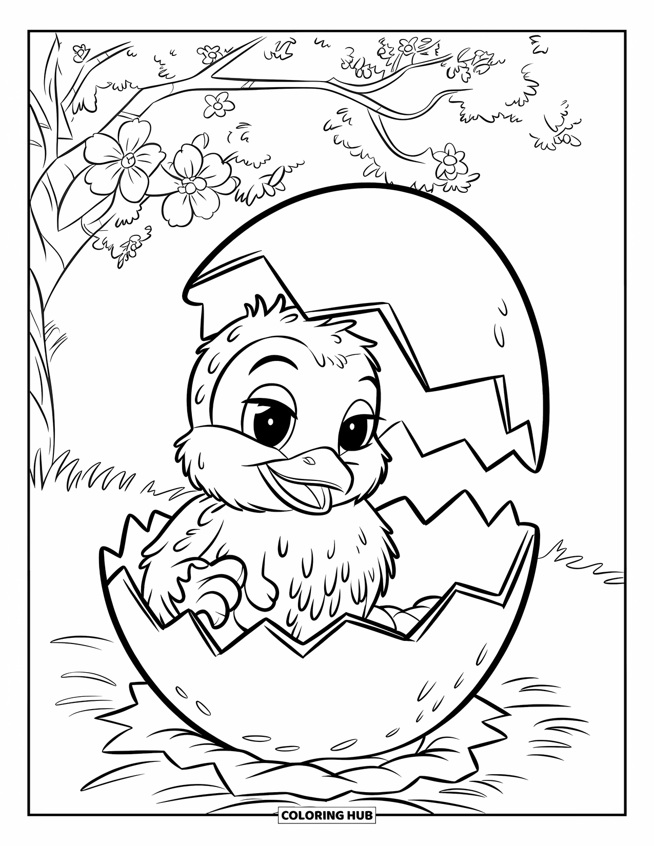 Happy Spring Coloring Page for Kids: A tiny chick hatching under a tree full of pink blossoms