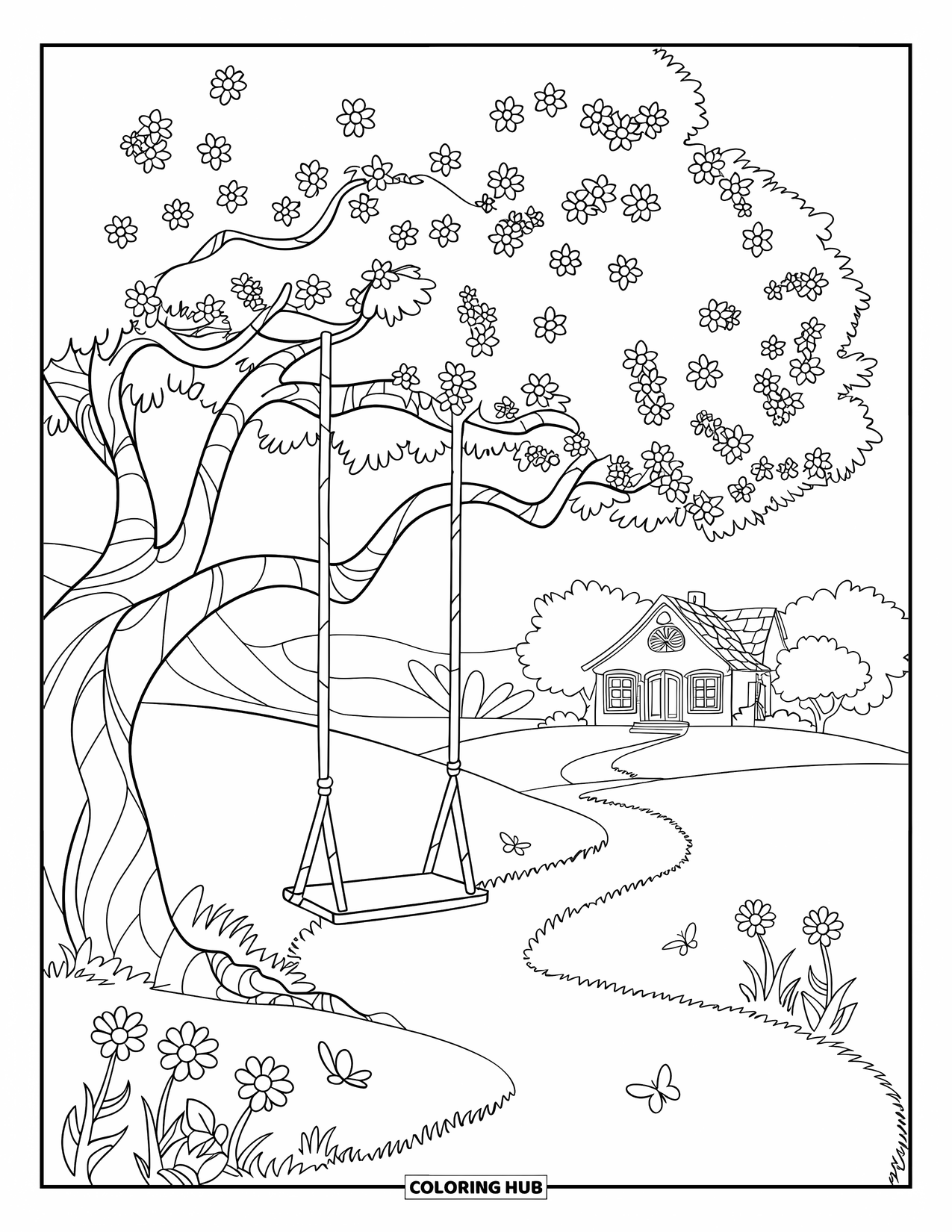 Happy Spring Coloring Page for Kids: A tree with blossoms and a swing in a sunny meadow