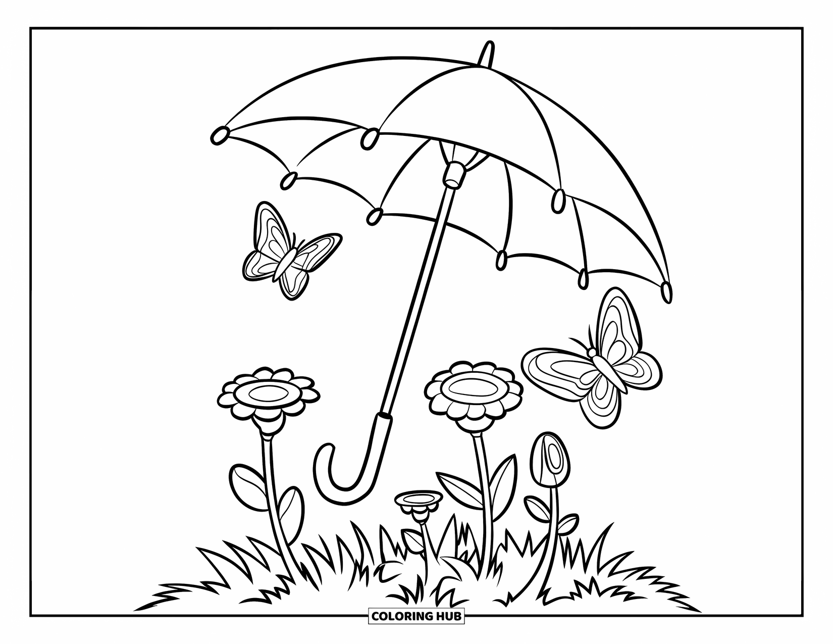 Happy Spring Coloring Page for Kids: An umbrella covers flowers while butterflies flutter around