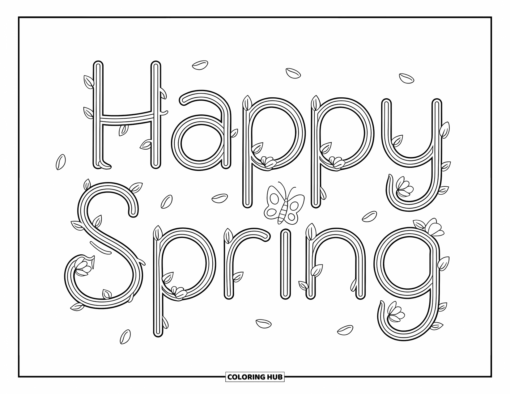 Happy Spring Coloring Page for Kids: Cursive "Happy Spring" wrapped in vines and tiny flower buds