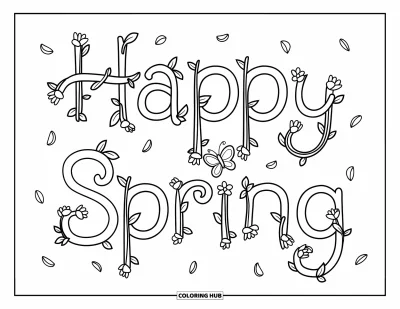 Boldog tavaszt kifestő gyerekeknek: Elegáns kurzív "Happy Spring" kúszónövényekkel, szirmokkal és pillangóval