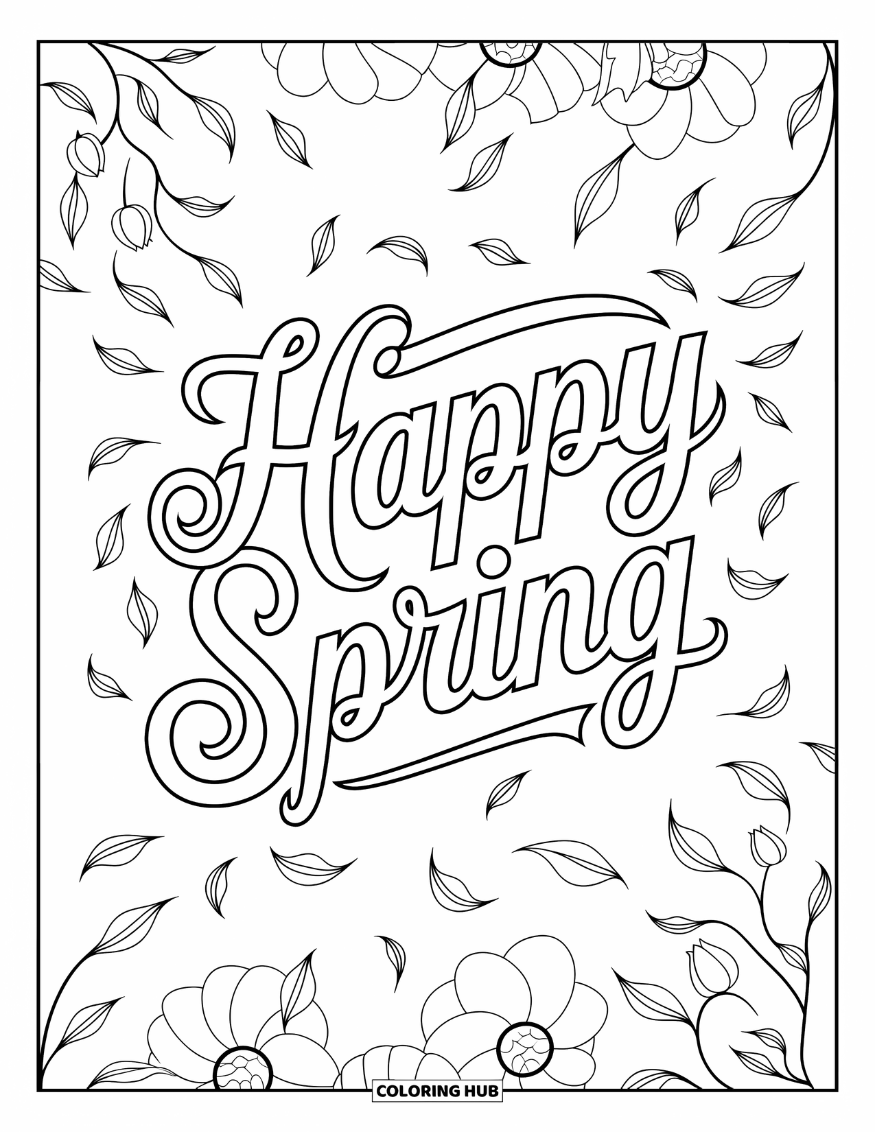 Happy Spring Coloring Page for Kids: Elegant "Happy Spring" text with petals and falling leaves