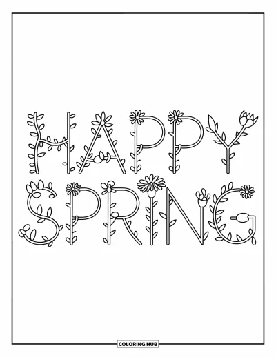Boldog tavaszt kifestő gyerekeknek: Virágmintás betűk alkotják a "Happy Spring" feliratot fehér háttéren
