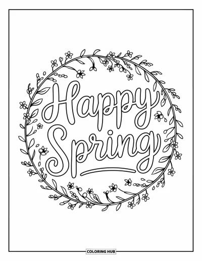 Boldog tavaszt kifestő gyerekeknek: Virágkoszorú "Happy Spring" felirattal, apró madarakkal