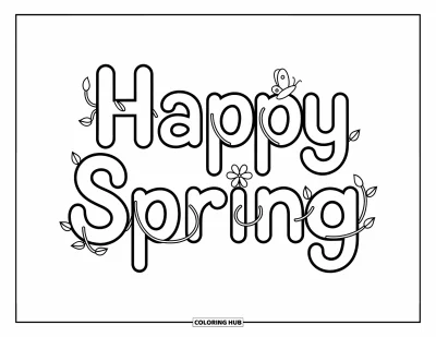 Boldog tavaszt kifestő gyerekeknek: Folyó "Happy Spring" betűk kúszónövényekkel és virágbimbókkal