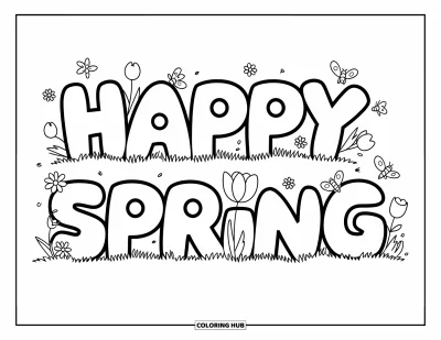 Boldog tavaszt kifestő gyerekeknek: Kerti betűk alkotják a "Happy Spring" feliratot, körülöttük virágok és méhek