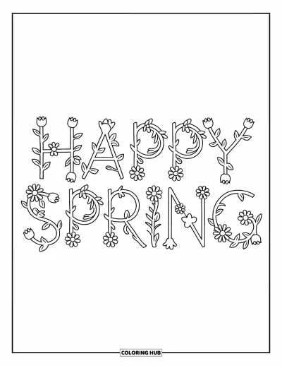 Boldog tavaszt kifestő gyerekeknek: "Happy Spring" felirat kúszónövényekből, bimbókból és apró virágokból