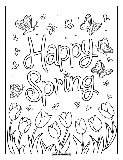 Boldog tavaszt kifestő gyerekeknek: "Happy Spring" játékos betűkben tulipánokkal és pillangókkal körülvéve