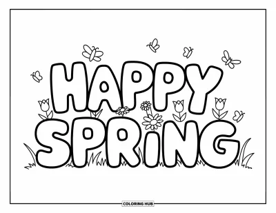 Boldog tavaszt kifestő gyerekeknek: "Happy Spring" betűk fűből nőnek ki, körülöttük tulipánok és százszorszépek