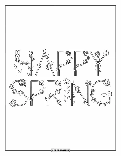 Boldog tavaszt kifestő gyerekeknek: "Happy Spring" virágzó kúszónövényekből és örvénylő levelekből