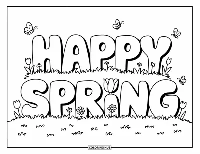 Boldog tavaszt kifestő gyerekeknek: Játékos "Happy Spring" betűk tulipánok és pillangók közt nőnek