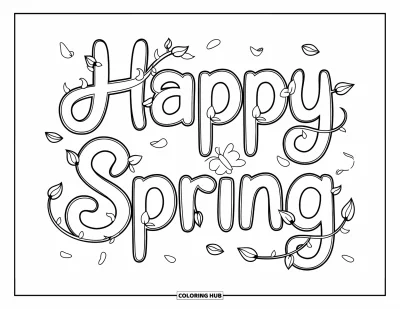 Boldog tavaszt kifestő gyerekeknek: Lágy "Happy Spring" felirat kúszónövényekkel és lebegő pillangóval