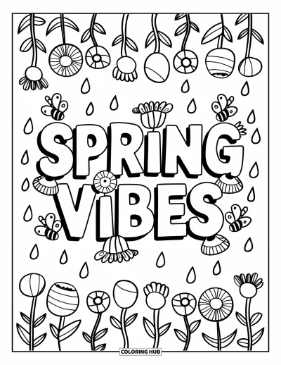 Boldog tavaszt kifestő gyerekeknek: "Spring Vibes" felirat zümmögő méhekkel és virágzó cserepekkkel