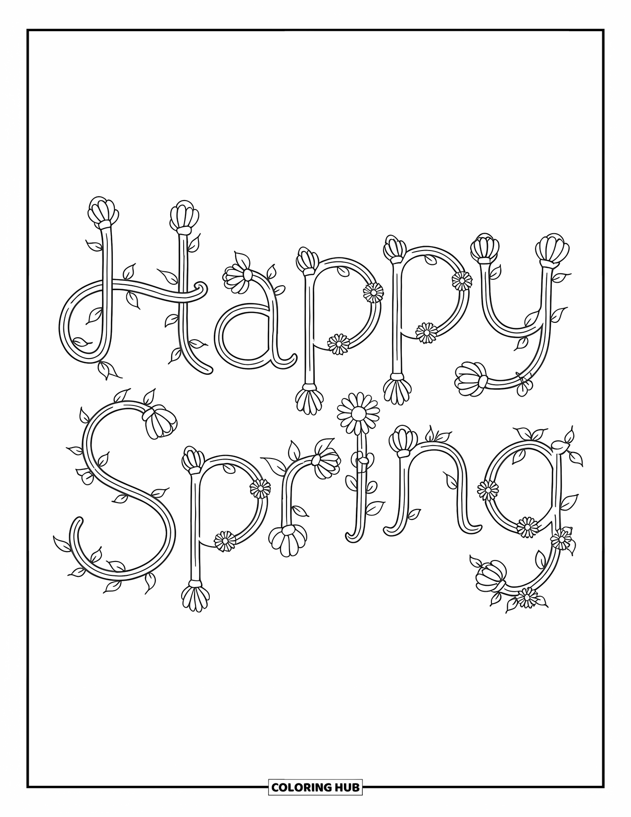 Happy Spring Coloring Page for Kids: Vine and flower letters curving to form "Happy Spring"