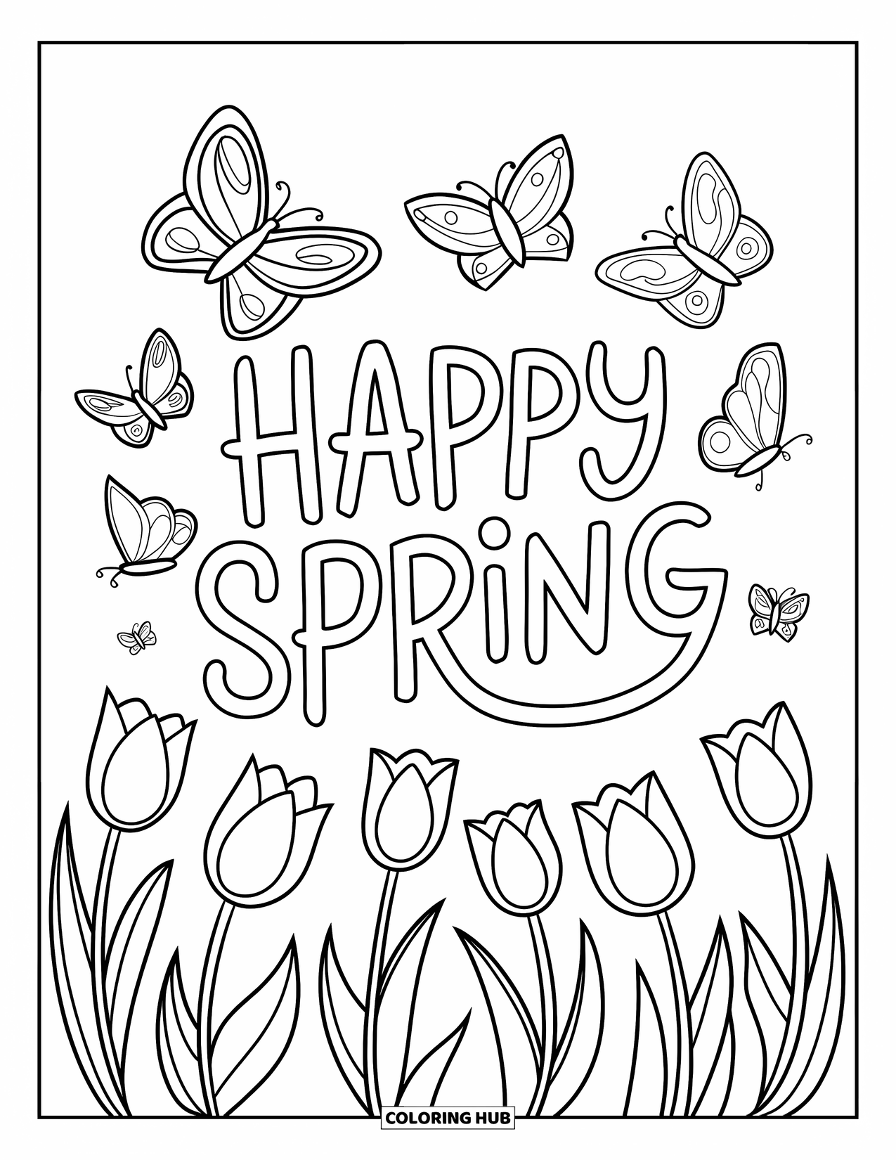 Happy Spring Coloring Page for Kids: Whimsical "Happy Spring" lettering with tulips dancing in the breeze