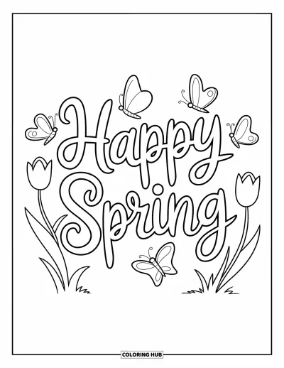 Boldog tavaszt kifestő gyerekeknek: Szeles "Happy Spring" felirat pillangókkal és lebegő szirmokkal