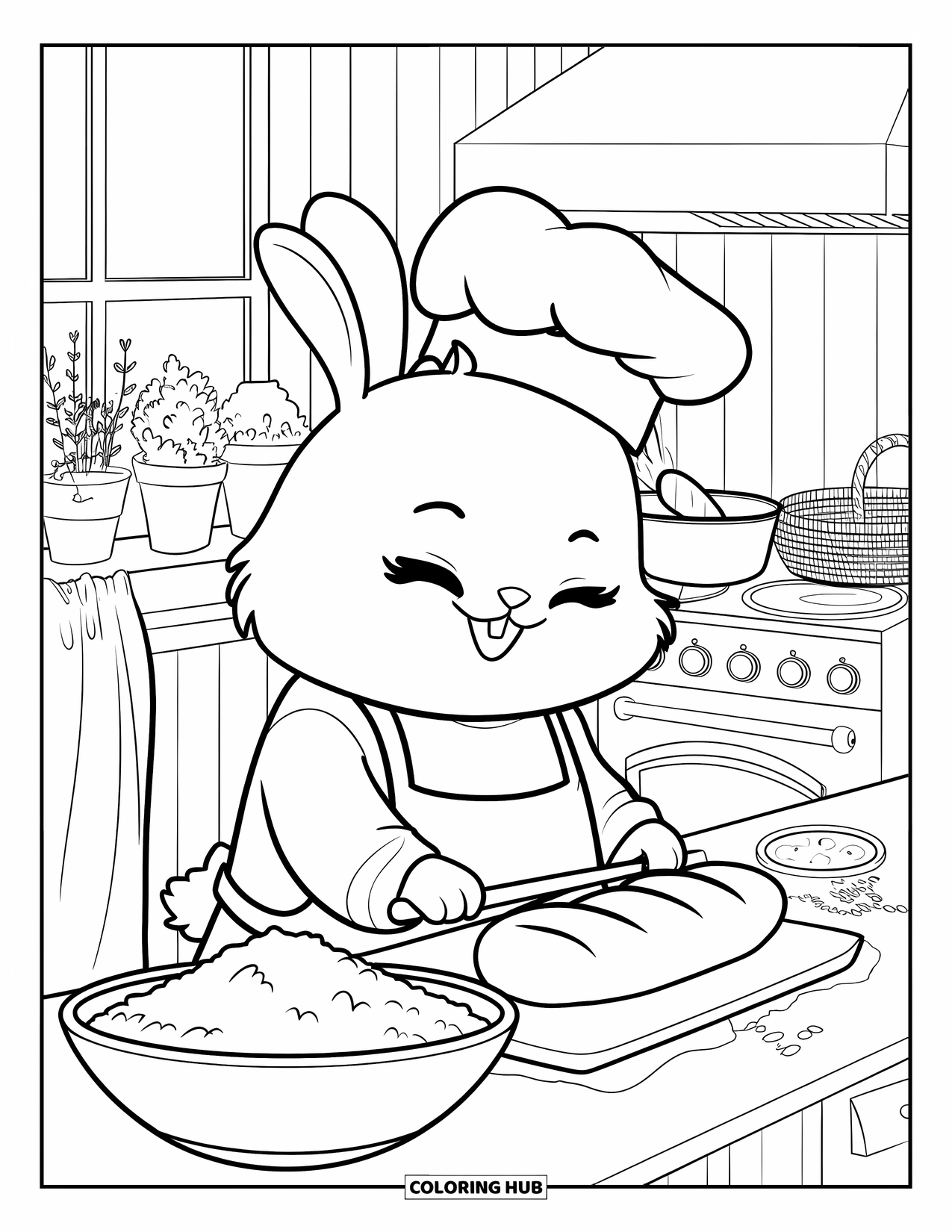Home Coloring Page for Adults: A bunny in an apron baking bread in a warm rustic kitchen