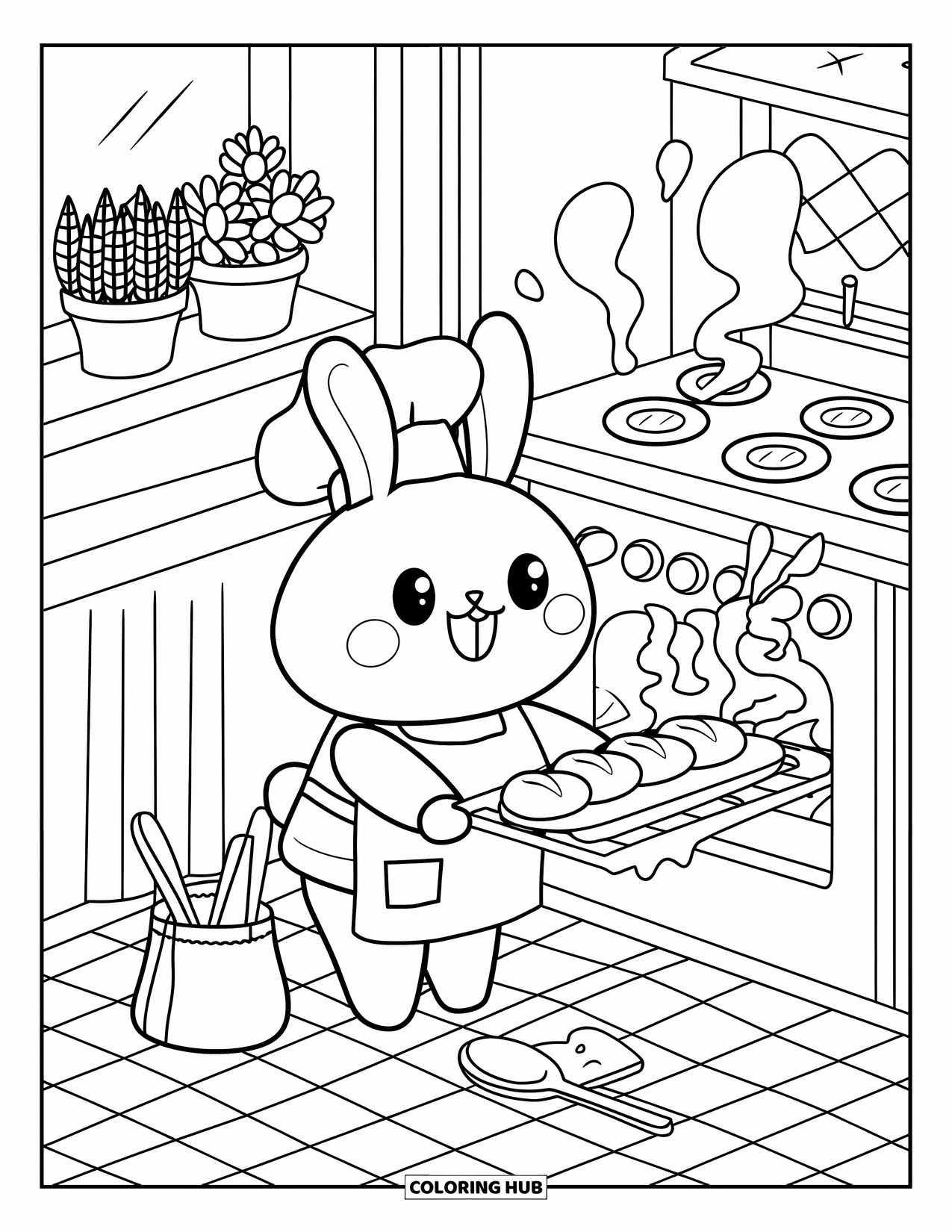 Home Coloring Page for Adults: A chubby bunny baking bread in a cozy kitchen with herbs nearby