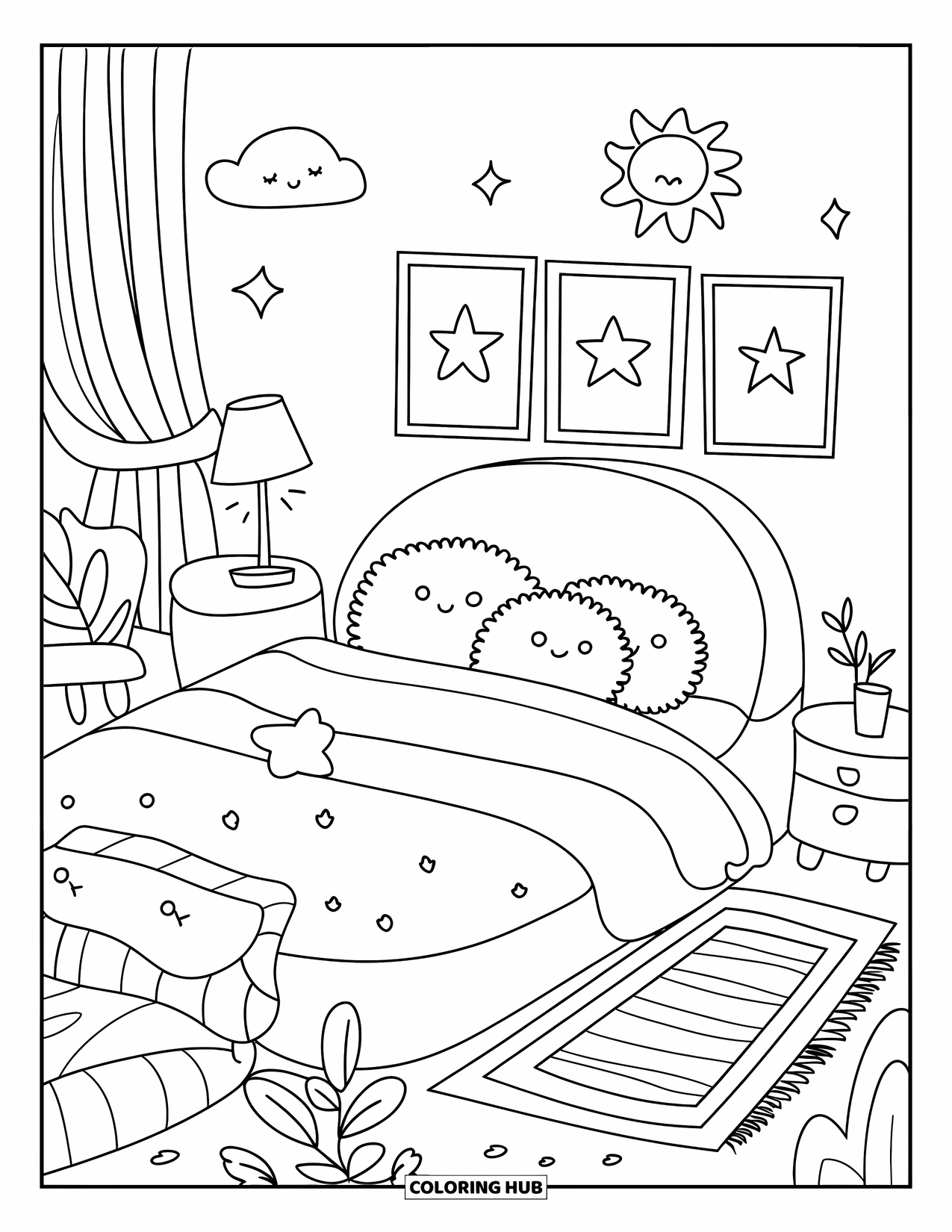 Home Coloring Page for Adults: A cozy bedroom with stars on the wall and cute little details