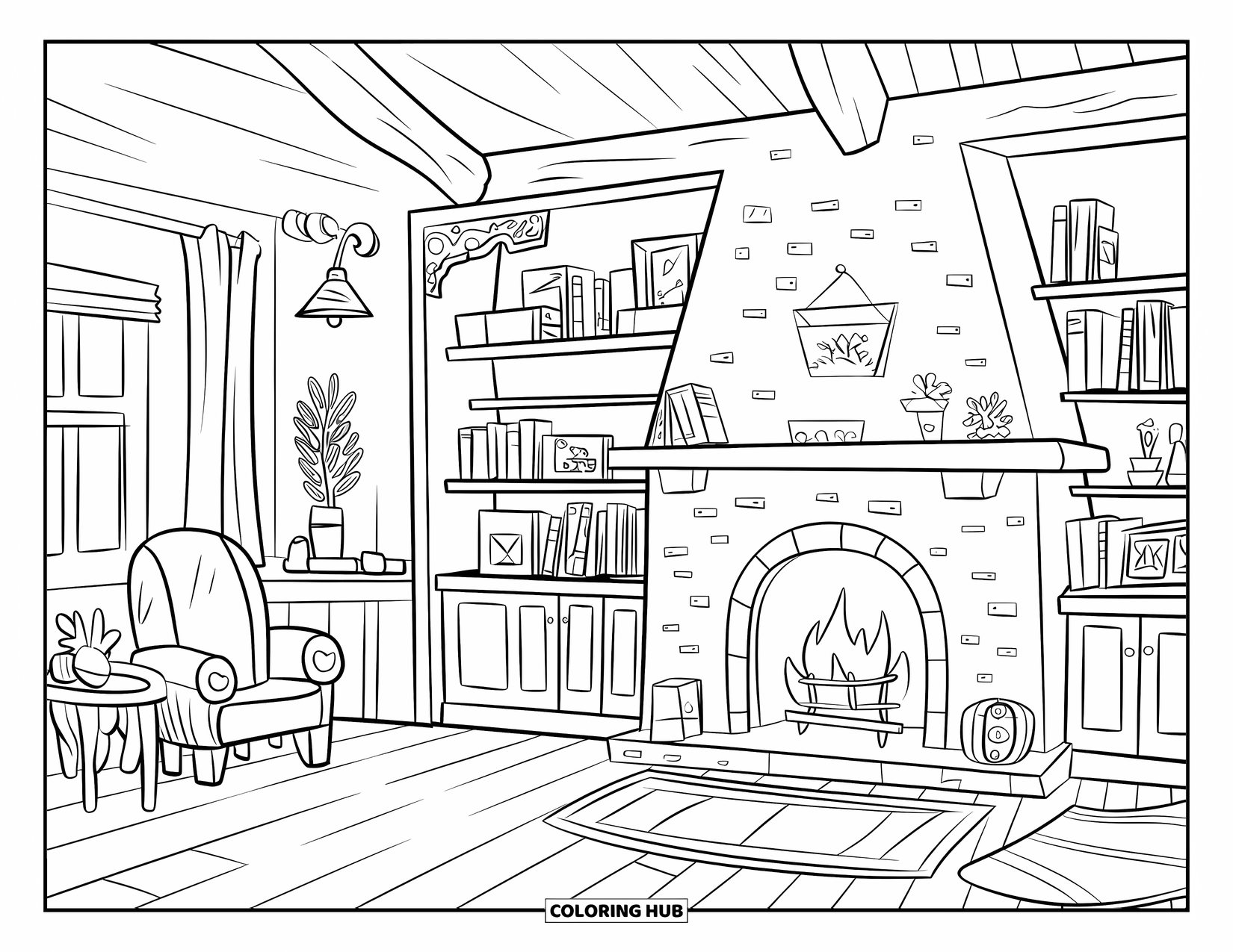 Home Coloring Page for Adults: A cozy cabin with wooden floors, a fireplace, and soft décor